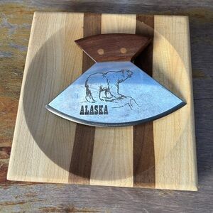 Alaska Ulu Yupik Style Curved Knife Birch Handle, 8” Chopping Board / Bowl Set